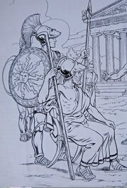 Détail - Périclès l'Athénien avec deux gardes Athénien postés derrière lui. En arrière plan, nous avons Socrate le philosophe.