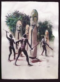 René Follet - Tambours à fente du Vanatu (île d'Ambryn) - Illustration originale