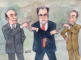 Gus - Union de la gauche : François Mitterrand, Georges Marchais, Robert Fabre - Illustration originale