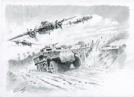 Lucio Perinotto - B-25 vs armored SdKFZ in Normandy - Illustration originale