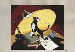 Fred Blier - Un chat encore un dans l'univers du livre - Illustration originale