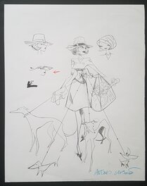 Antonio Lapone - Lady aux chiens - illustration - crayonne - Illustration originale