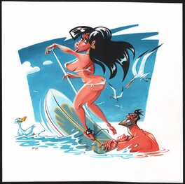 Willem Vleeschouwer - Enjoying surfing - Original Illustration