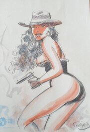 Thierry Girod - Cow-Girl en tenue légère / Western Corset - Illustration originale