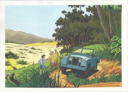 Daniël Desorgher - Jimmy Tousseul et Schatzy dans la savane avec la Land Rover - Illustration originale
