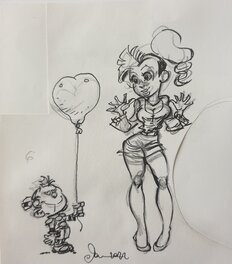 Dan Verlinden - Le petit Spirou offre un ballon à Mlle Chiffre - Illustration originale
