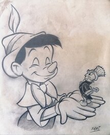 Xavi - Pinocchio et Jiminy Cricket - Illustration originale