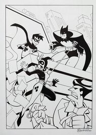 Mauricet - Batman & Robin ft Harley Quinn - Mauricet DC (1999) - Original Illustration