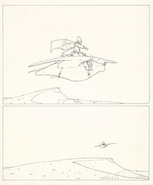 Arzach sur son ptérodactyle au dessus des dunes