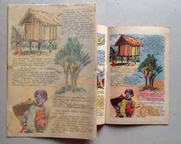 La planche originale 2 de A Madagascar avec son calque de couleur apposé sur L'original , et La page du P'tit gars 3 de 1952 .