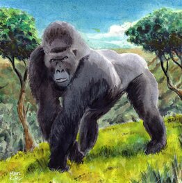 Marc Rouchairoles - Gorile devant 2 arbres - Illustration originale