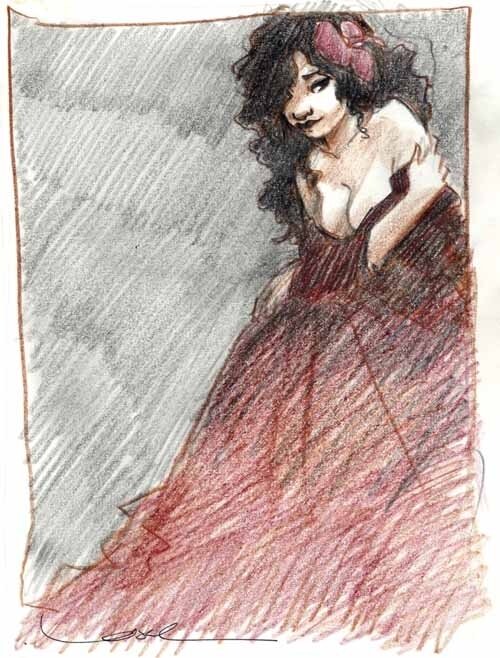 Régis Loisel, Femme en rouge - Crayons de couleur - Illustration originale