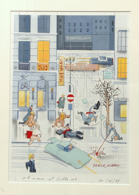 Serge Clerc, Plume et colle ...superbe dessin couleurs de Décembre 1989 - Planche originale
