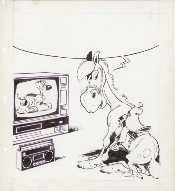 Morris, Lucky Luke: Jolly Jumper regardant Rantanplan à la télévision - Illustration originale