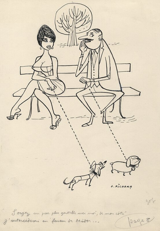 Georges Pichard, « Soyez un peu plus gentille avec moi, de mon côté j'intercéderai en faveur de Médor... », 1960. - Illustration originale