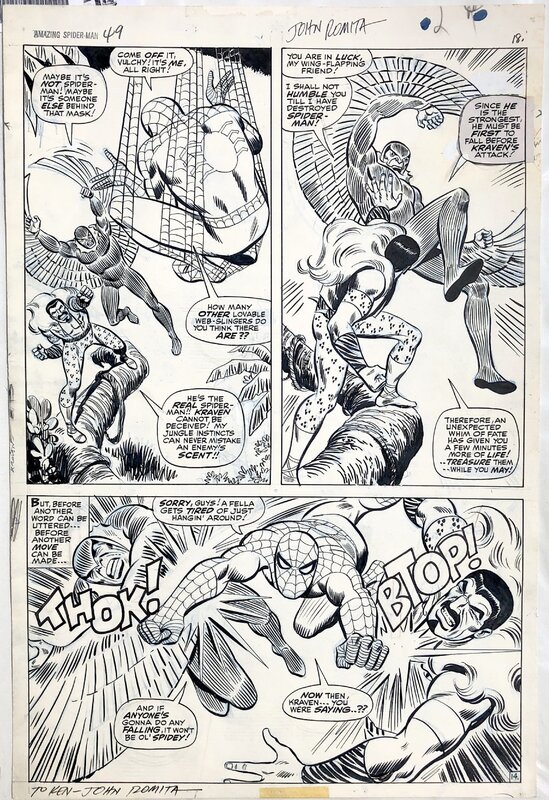 John Romita Spider -Man 49 Spidey -Kraven-Vulture- three panel battle page- twice up - Planche originale