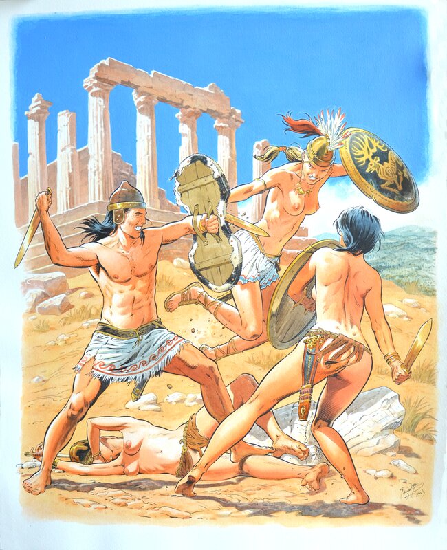 François Miville-Deschênes, Combat guerrières Sarmates contre Hittite. - Illustration originale