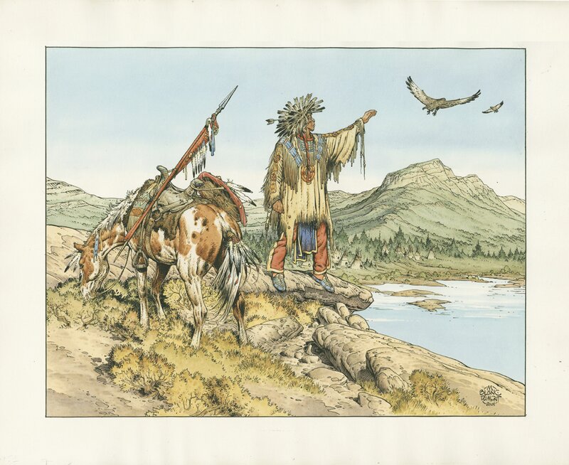 Michel Blanc-Dumont, Indien et son appaloosa - Illustration originale