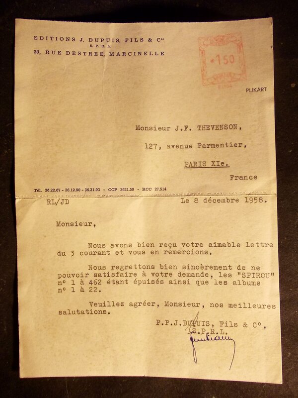 Unknow, 14 / Année 1958 / Courrier de la Maison Jean DUPUIS à un jeune lecteur parisien, carte-lettre dactylographiée, 8 décembre 1958. - Œuvre originale