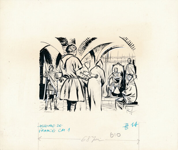 René Follet | 1964 | Histoire de France p14: Charlemagne recoit des savants - Original Illustration