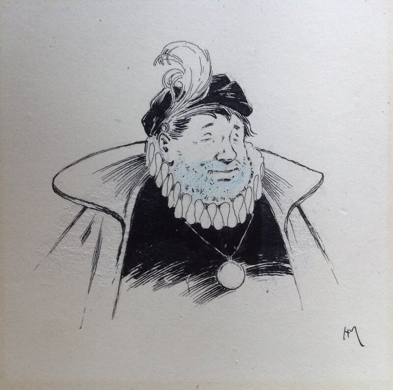 En vente - Henry Morin Don Quichotte de La Manche , 1 Homme gros barbu chapeau...Rare Dessin illustration N&B Encre de Chine 1906 Cervantès - Illustration originale