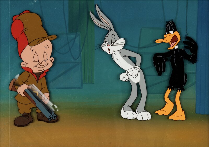 Warner Bros., Blooper Bunny Bugs Bunny, Daffy Duck, and Elmer Fudd Production Cel Setup and Key Master Background (Warner Brothers, 1991) - Œuvre originale
