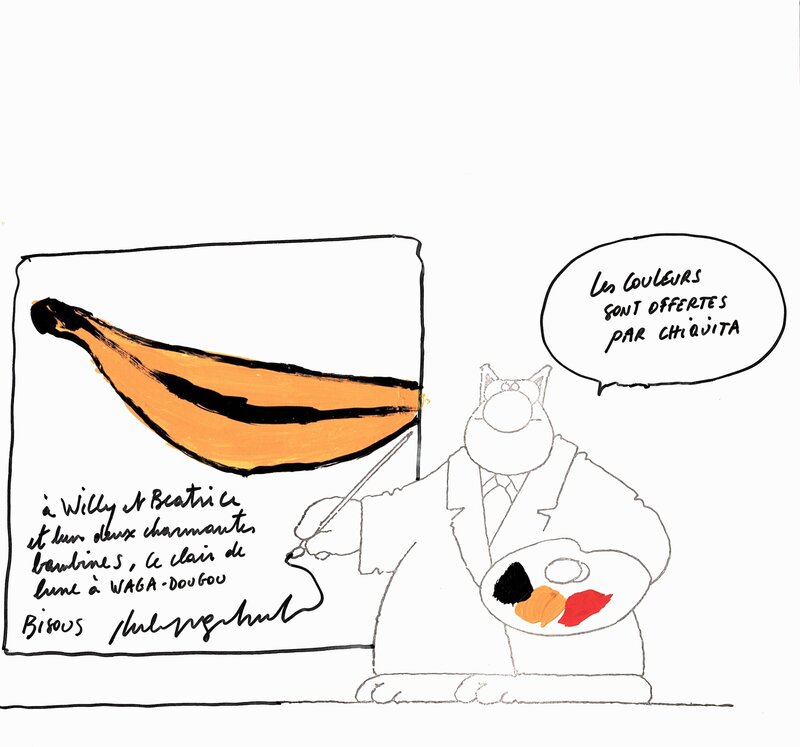 Philippe Geluck, Le Chat / Feuille de signature enrichie d'une banane peinte - Dédicace