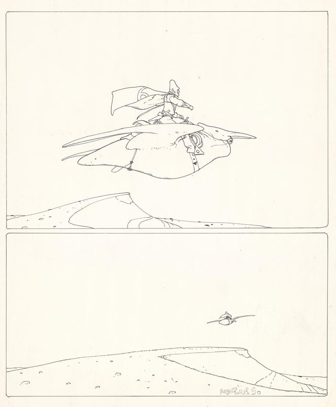 Moebius, Arzach sur son ptérodactyle au dessus des dunes - Planche originale
