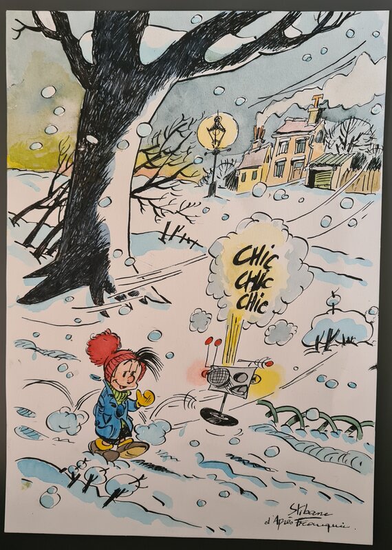 En vente - Stibane, Illustration originale couleur aquarelle le petit Noël et l'elaouin - Illustration originale