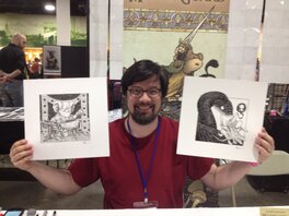 David avec les deux dessins à Boston David avec les deux dessins à Boston