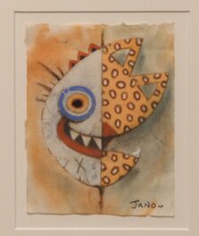 Jano - Masque africain - un chat en suit un autre ... - Illustration originale