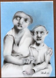 Binet - Mère et enfant - fusain et pastel 1989 - Planche originale