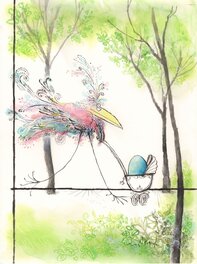 Ronald Searle - Walking the egg - Illustration originale