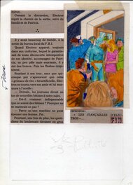La planche de montage - Le dessin avec un calque de mise en couleur et les textes sont collés sur une feuille de carton rigide, le bas resté vierge étant destiné à recevoir une publicité La planche de montage - Le dessin avec un calque de mise en couleur et les textes sont collés sur une feuille de carton rigide, le bas resté vierge étant destiné à recevoir une publicité