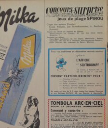 Toute première publicité dans le journal Spirou , en 09/1964, pour le premier poster de la série , celui du Schtroumpf Toute première publicité dans le journal Spirou , en 09/1964, pour le premier poster de la série , celui du Schtroumpf