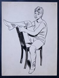 Paul Cuvelier - Line - Illustration originale la représentant sur une chaise. - Illustration originale