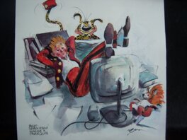 René Follet - Spirou et Spip fatigués et le marsupilami - Original Illustration