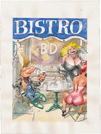 Marc Hardy - Lolo & Sucette, Pierre Tombal, affiche pour "Bistro BD" - Illustration originale