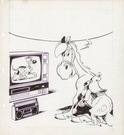 Morris - Lucky Luke: Jolly Jumper regardant Rantanplan à la télévision - Illustration originale
