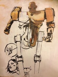 Ashley Wood - Robot, girl and cat - Illustration originale