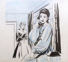Illustration à l'encre et au crayon bleu - Publication inconnue, années 1950