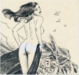 Jordi Bernet - "femme nue de dos,avec palmiers". - Illustration originale