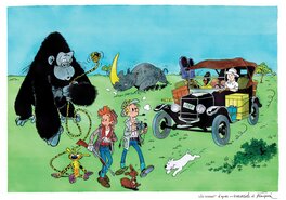Hommage à Hergé et Franquin (Tintin au Congo) et Spirou (Le Gorille a bonne mine, La Corne du rhinocéros)
