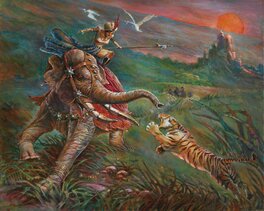 Régis Moulun - Tigre versus éléphant - Original Illustration