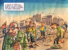 Tronchet - Gaston, Achille et Tintin sur le terrain vague des Poissart - Original Illustration