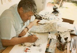 Pratt au travail sur une de ses 24 aquarelles des Cantons suisses Pratt au travail sur une de ses 24 aquarelles des Cantons suisses