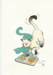 Fred Blier - Le chat libraire - Illustration originale