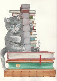 François Plisson - Un chat libraire - Illustration originale