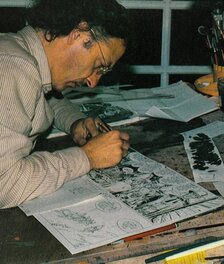 Gir à l'encrage de la planche 31 de la Tribu Fantôme. Photo prise par Patrice Pélerin en 1980 du Maitre travaillant dans son atelier de Moulin Vignau à Castet .....