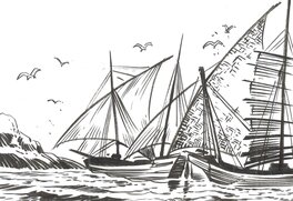 Détail bateaux : le prao et la barque malaise.